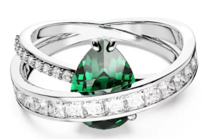 Anillo Mesmera cristal pera verde bypass rodio