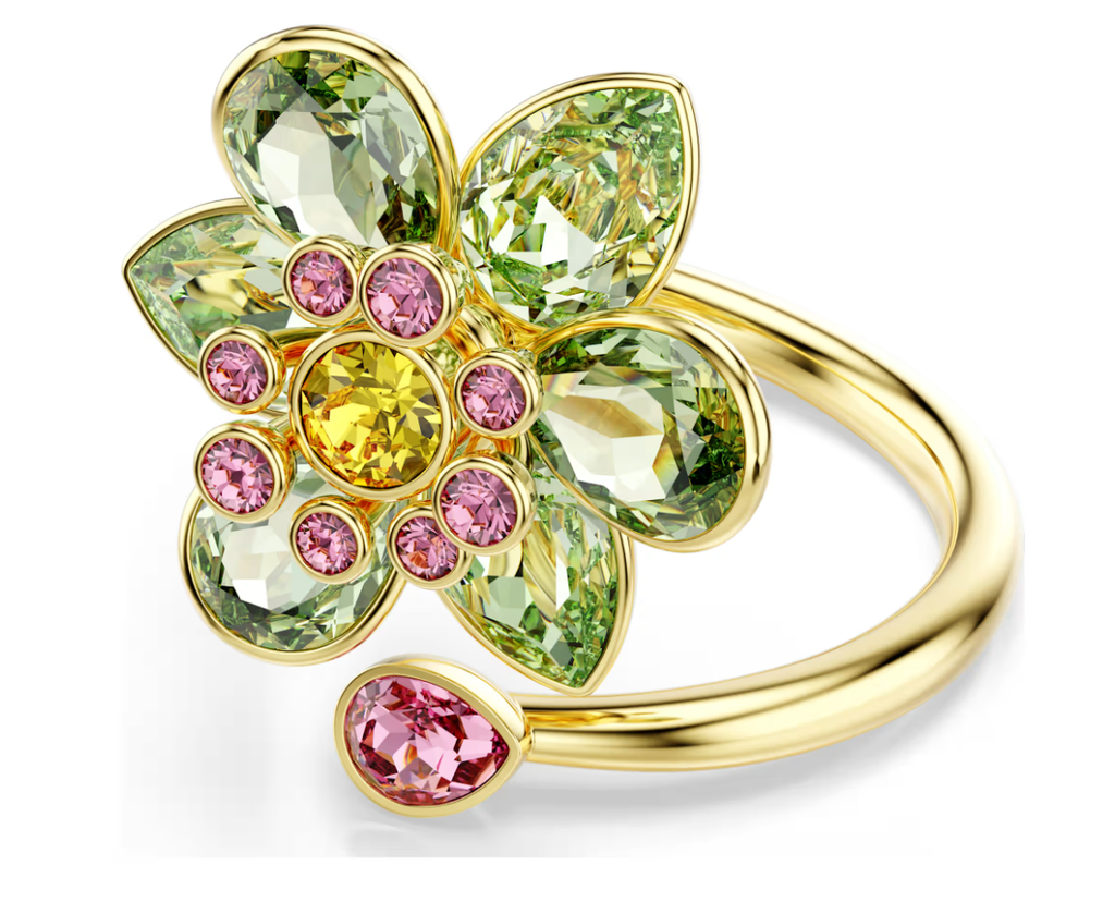 Anillo Swarovski Flor Cristales Verde y Rosa