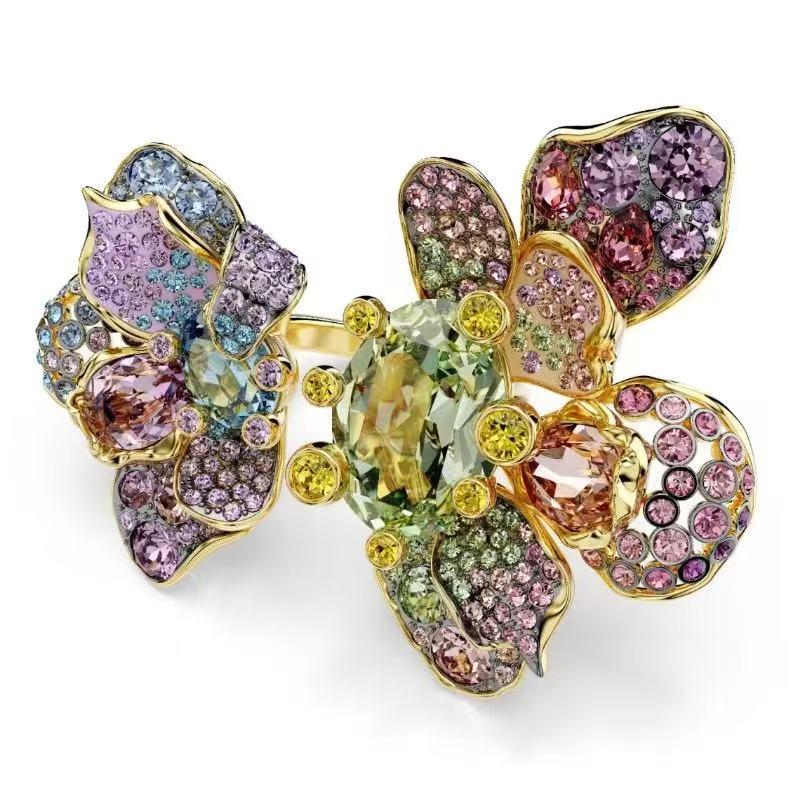 Anillo Swarovski Doble Flor Azul y Rosa