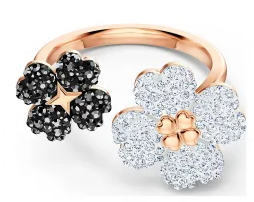 Anillo Swarovski Doble Flor Negro y Blanco