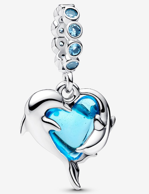 Charm colgante corazón delfines cristal azul Pandora