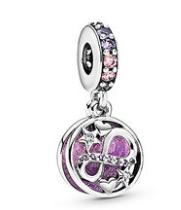 Charm colgante medallón mariposas esmalte morado y pavé rosa
