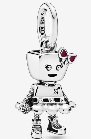 Charm colgante robot niña plata con lazo rosa