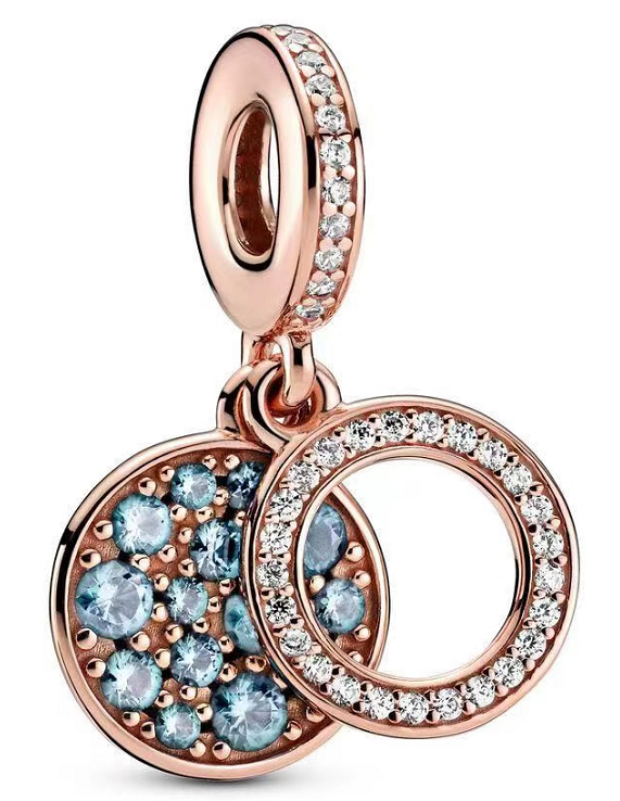 Charm Doble Racimo Azul Claro y Círculo Baño Oro Rosa