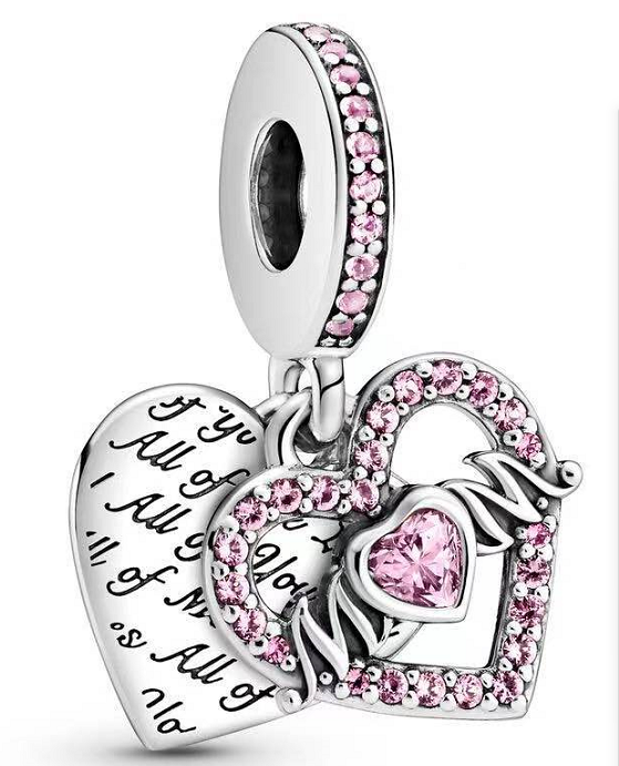 Charm colgante doble corazón grabado cursivo con circonias rosa y M