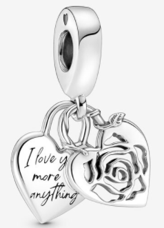 Charm colgante doble corazón grabado I Love You More y rosa