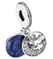 Charm colgante doble medallón luna y estrella esmalte azul