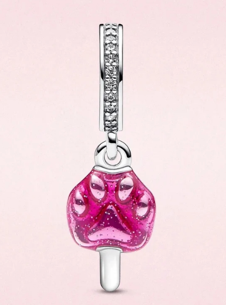 Charm colgante huella mascota esmalte rosa brillante