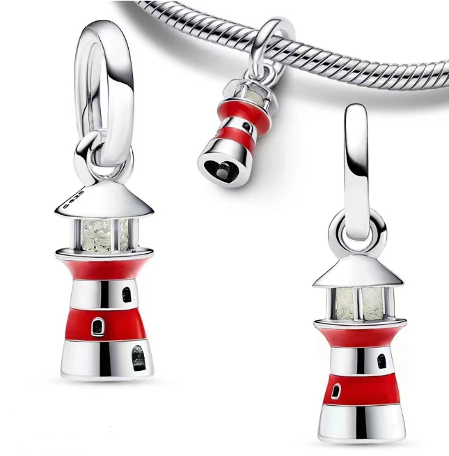 Charm colgante faro plata rayas rojas