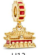 Charm colgante templo chino baño dorado y esmalte rojo