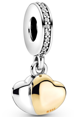 Charm colgante doble corazón plata y oro pavé