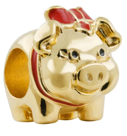 Charm Pandora cerdito baño dorado moño rojo