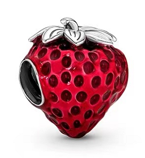 Charm fresa esmalte rojo hojas plata