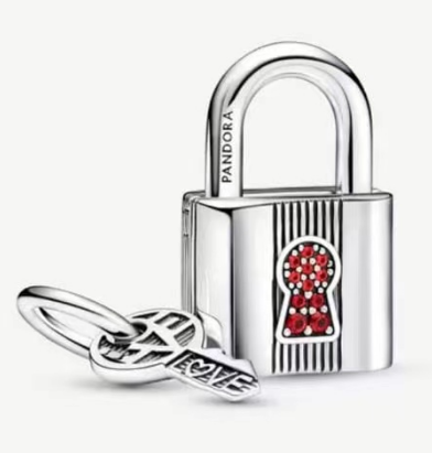 Charm candado plata circonias rojas llave Love