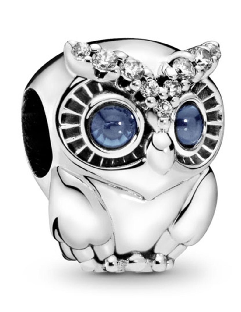 Charm búho pulido ojos azules cejas pavé Pandora