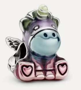 Charm Pandora unicornio alado esmalte lila y rosa