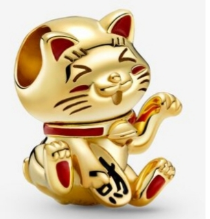 Charm Pandora gato de la suerte dorado y rojo