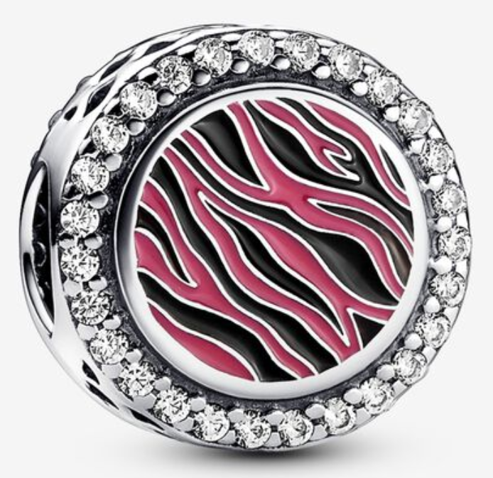 Charm Pandora estampado cebra rosa con halo de circonias