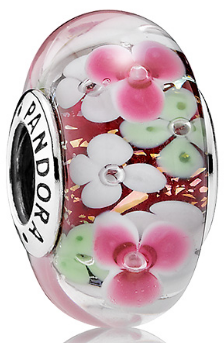 Charm Pandora Cristal Murano Flores Rosadas Fondo Dorado