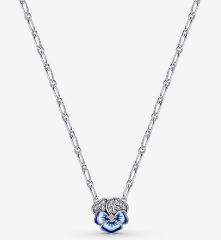 Collar Pandora Flor Pensamiento Esmalte Azul