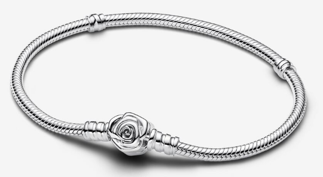 Brazalete Pandora cadena broche flor rosa plata