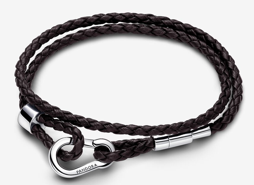 Brazalete cuero trenzado Pandora doble vuelta café