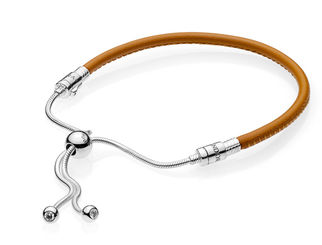 Brazalete deslizante Pandora cuero café plata