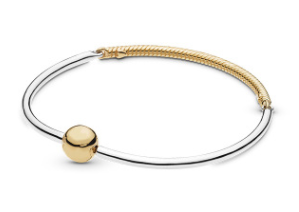 Brazalete Pandora bicolor plata y oro bola dorada