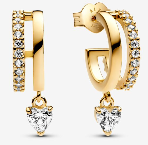 [263685C01] Aretes Pandora Doble Aro Pavé Corazón Colgante Dorado
