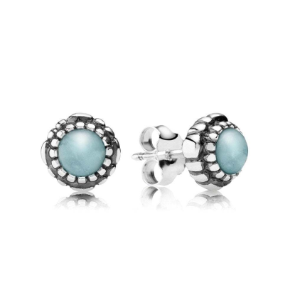Aretes Pandora botón piedra azul plata oxidada