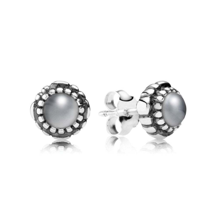 Aretes Pandora botón piedra gris plata oxidada