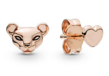 Aretes Pandora rostro leona esmalte negro oro rosa