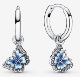 Aretes Pandora aro mariposa esmalte azul plata