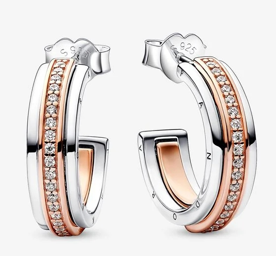 Aretes Pandora Aro Bicolor Pavé y Logo Grabado
