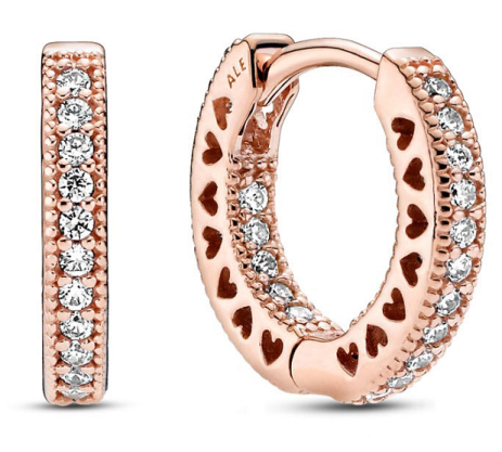 [EH-160] Aretes Pandora Aro Pavé Corazones Oro Rosa