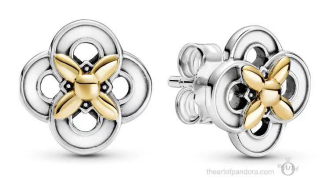 Aretes Pandora Trébol Calado Flor Dorada