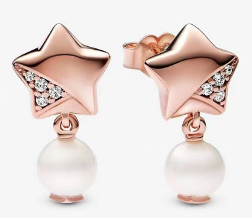 Aretes Pandora Estrella Oro Rosa Perla Colgante