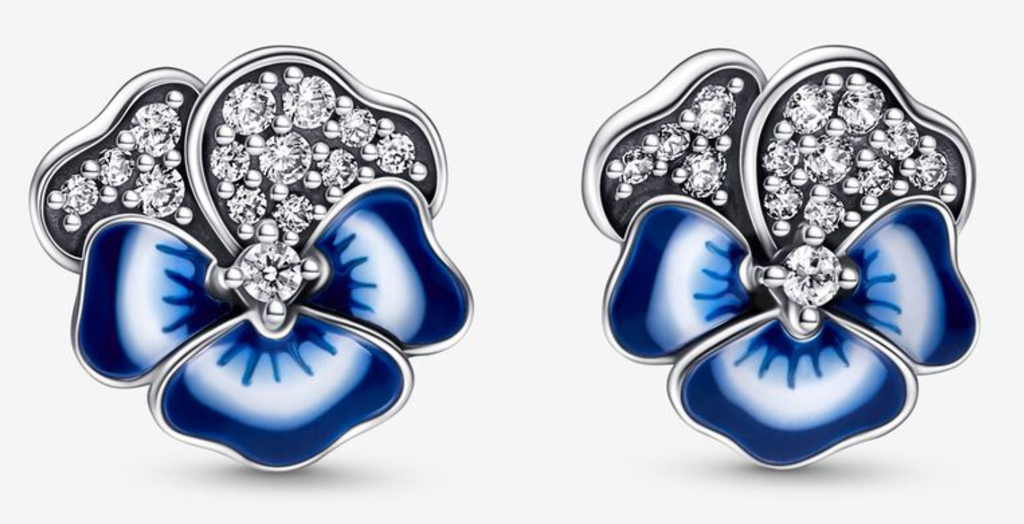 Aretes Pandora Pensamiento Esmalte Azul y Pavé