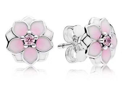 Aretes Pandora flor de magnolia esmalte rosa