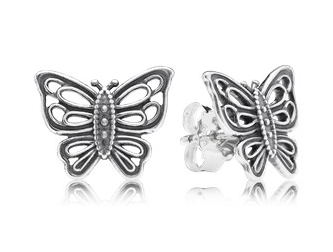 Aretes Pandora mariposa calada plata oxidada