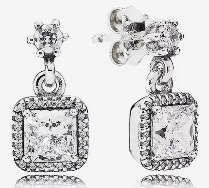 Aretes Pandora colgante cuadrado circonia halo plata