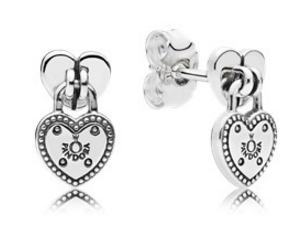 Aretes Pandora candado corazón plata envejecida