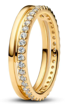 [163799C01] Anillo Pandora doble banda lisa y pavé