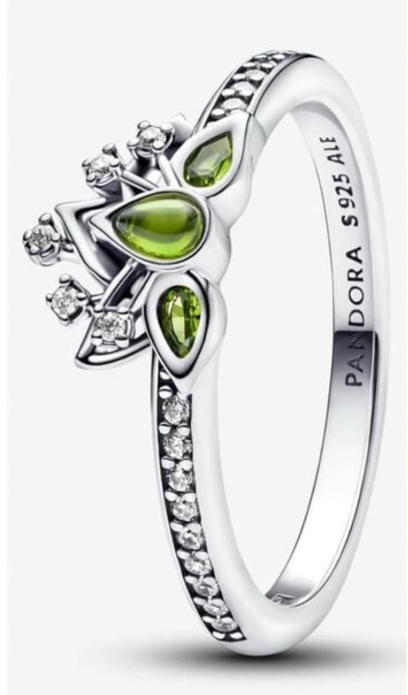 [193653C01] Anillo Pandora corona hojas circonia verde cabujón