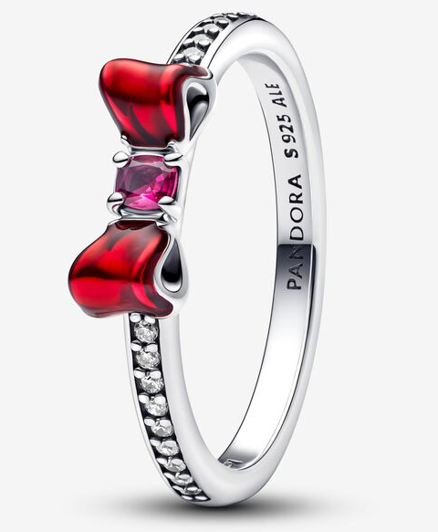 Anillo Pandora lazo esmalte rojo circonia rosa