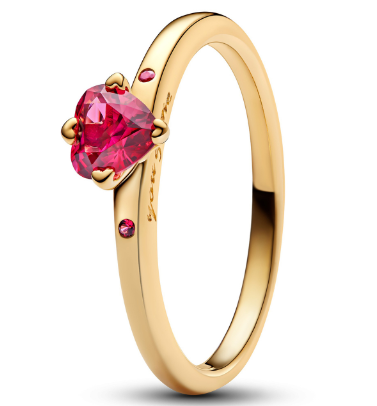 Anillo Pandora corazón circonia roja dorado