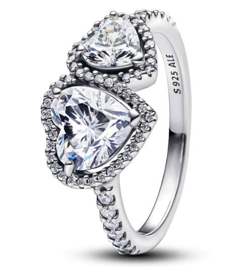 [193659C01] Anillo Pandora dos corazones halo circonia transparente