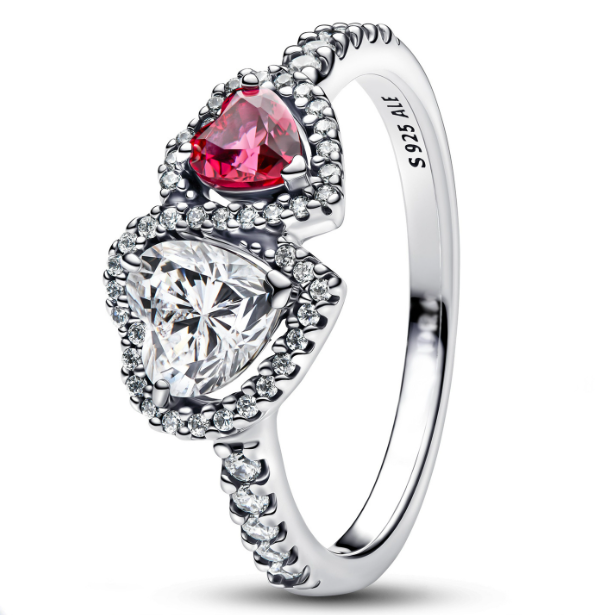 [193662C01] Anillo Pandora dos corazones halo circonia roja y transparente