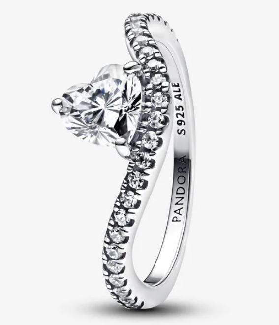 [193661C01] Anillo Pandora solitario corazón circonia banda curva pavé