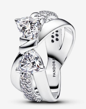 Anillo Pandora lazo cruzado corazones circonia transparente